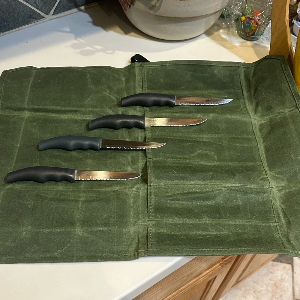 FOREVER SHARP 4 PIECE GOURMET STAINLESS STEAK KNIVES IN WAXED CANVAS KNIFE ROLL